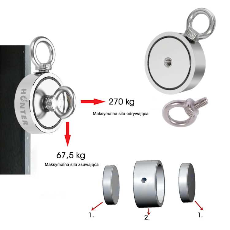 Magnes neodymowy do poszukiwań 2x270 kg uchwyt boczny/górny zestaw 2