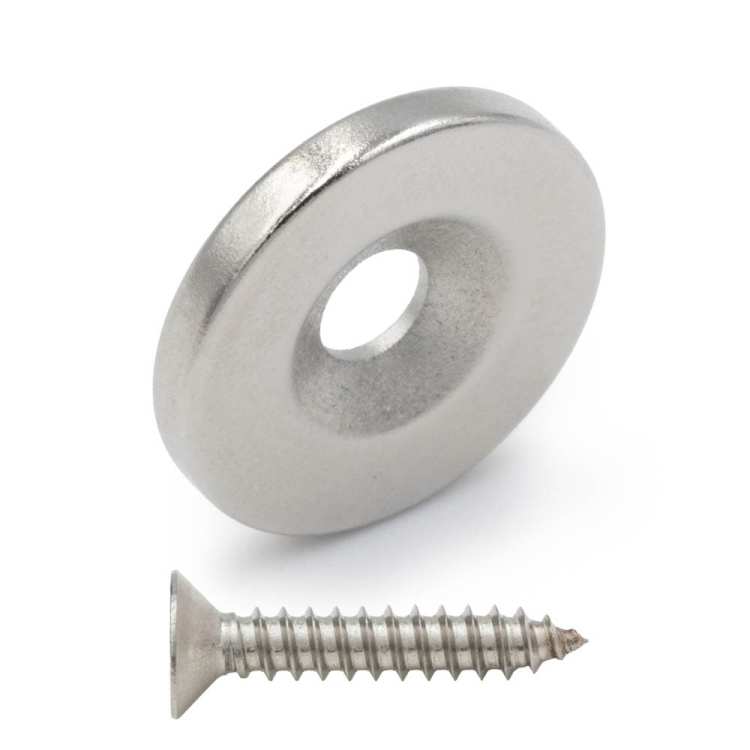 Magnes neodymowy 14x2 mm z otworem 7x3.5 mm / N45 pod wkręt