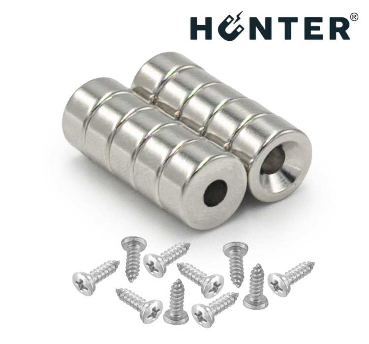Magnesy neodymowe pod wkręt 10×5 mm z wkrętami – zestaw, Magnesy Hunter