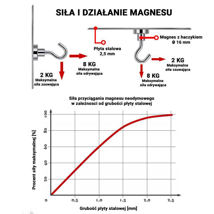 Uchwyt magnetyczny z haczykiem 16×5 mm – siła trzymania i udźwig 8 kg, Magnesy Hunter