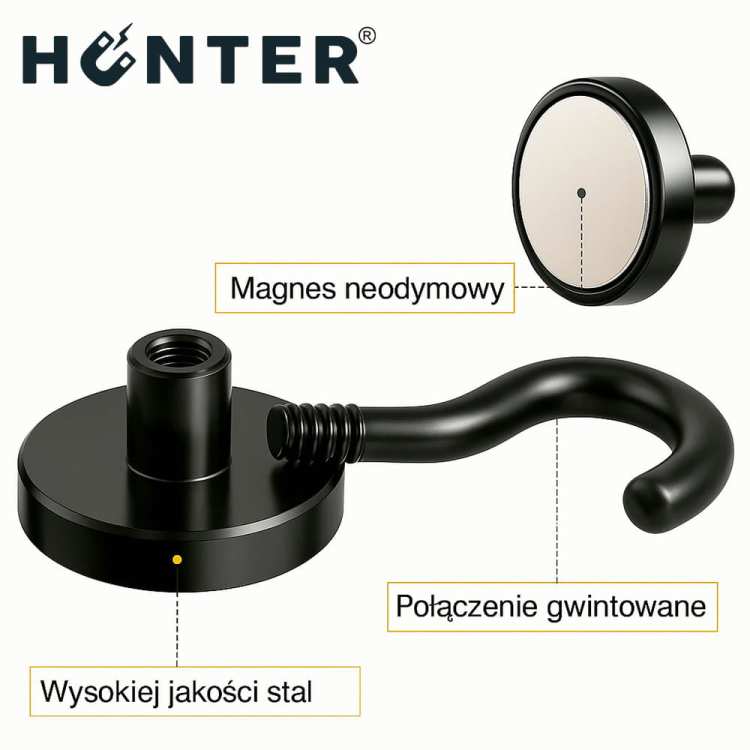 Uchwyt magnetyczny z haczykiem 12 mm – budowa: magnes neodymowy i stalowa obudowa, Magnesy Hunter
