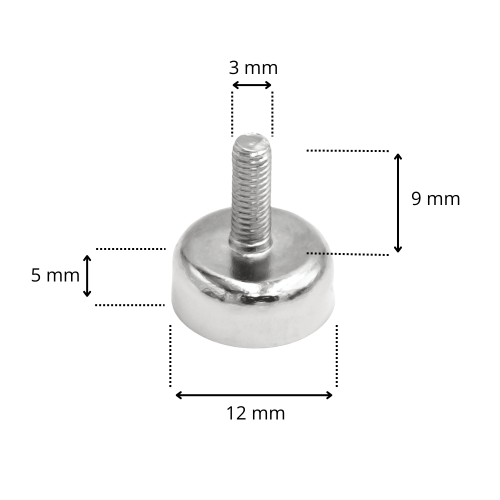 Uchwyt magnetyczny w obudowie – wymiary: średnica 12 mm, wysokość 5 mm, gwint M3, długość gwintu 9 mm