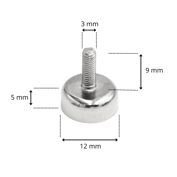 Uchwyt magnetyczny w obudowie – wymiary: średnica 12 mm, wysokość 5 mm, gwint M3, długość gwintu 9 mm