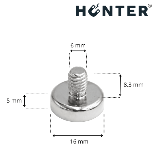 Uchwyt magnetyczny w obudowie z gwintem zewnętrznym M6, 16×5 mm – wymiary, Magnesy Hunter