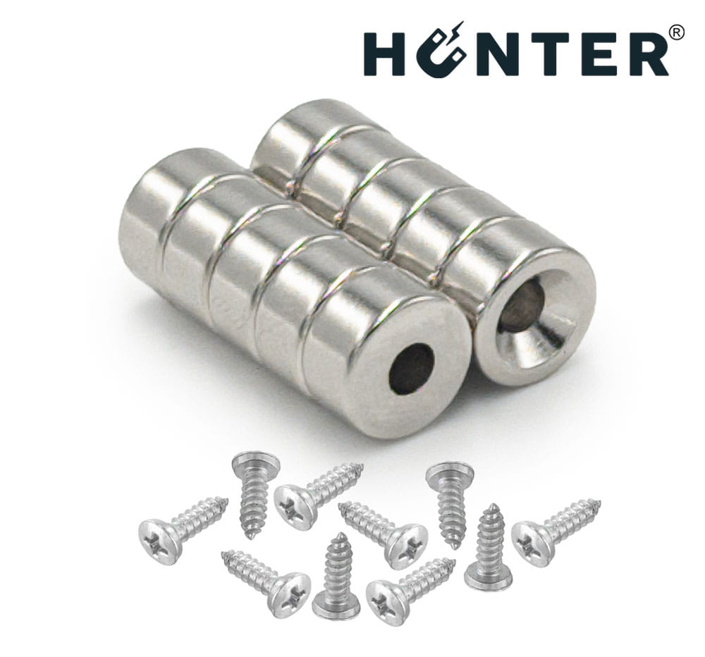 Magnesy neodymowe pod wkręt 10×5 mm z wkrętami – zestaw, Magnesy Hunter