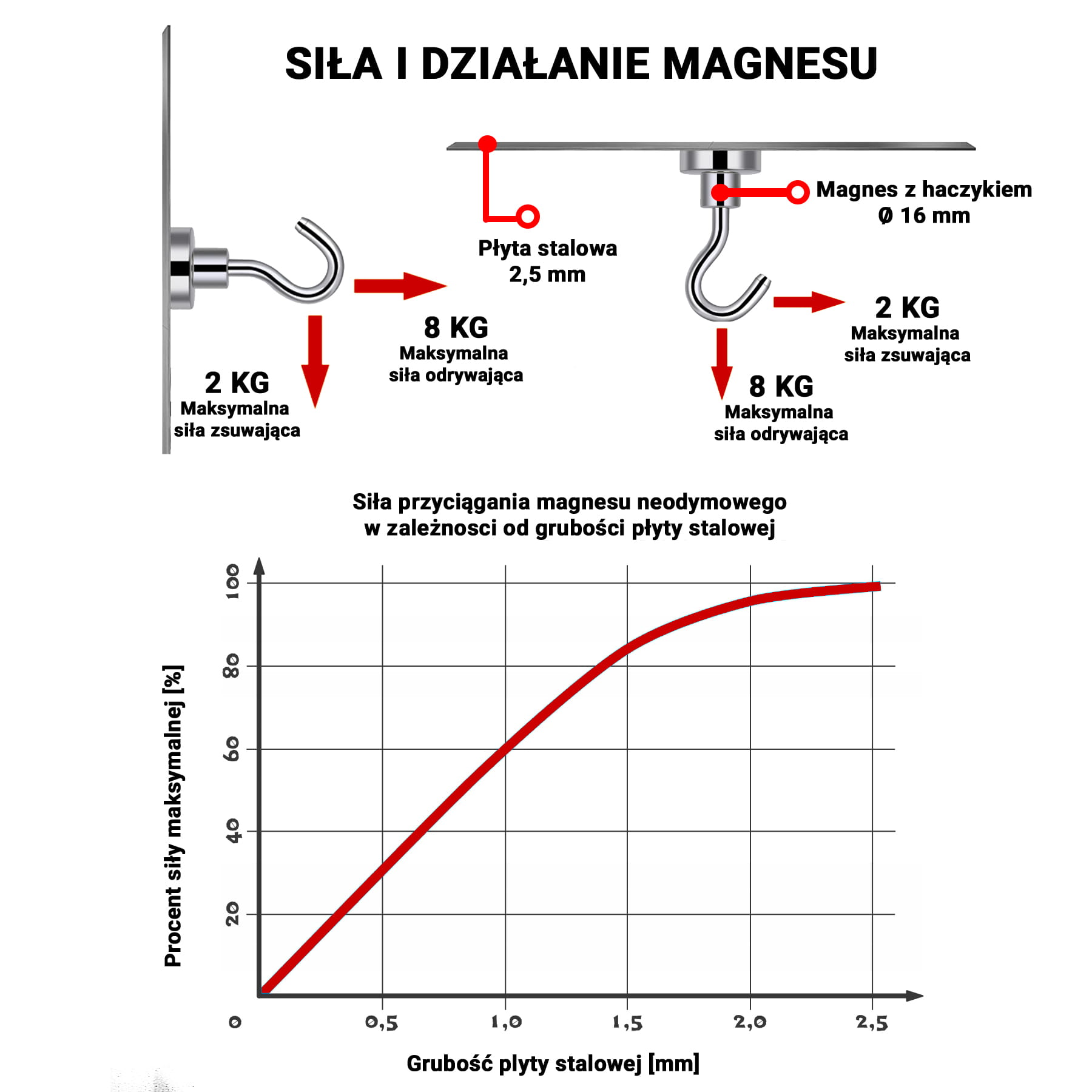 Uchwyt magnetyczny z haczykiem 16×5 mm – siła trzymania i udźwig 8 kg, Magnesy Hunter