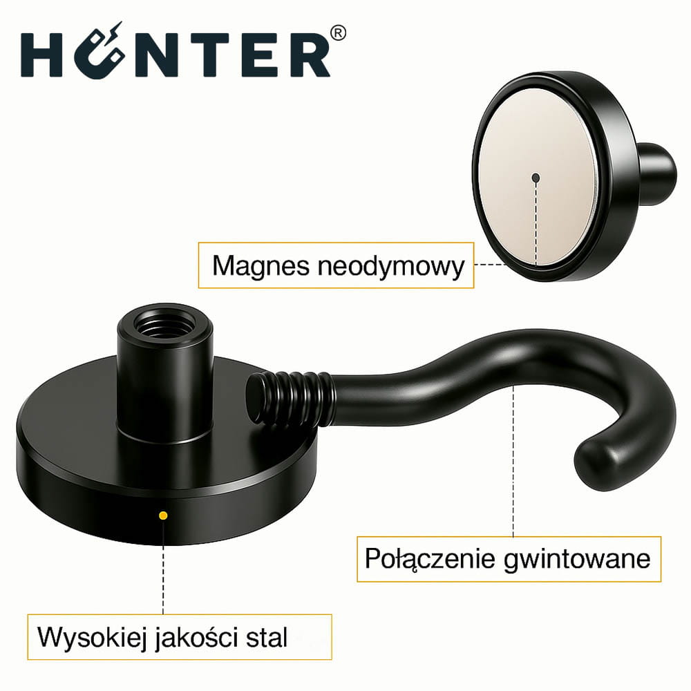 Uchwyt magnetyczny z haczykiem – budowa: magnes neodymowy i stalowa obudowa, Magnesy Hunter