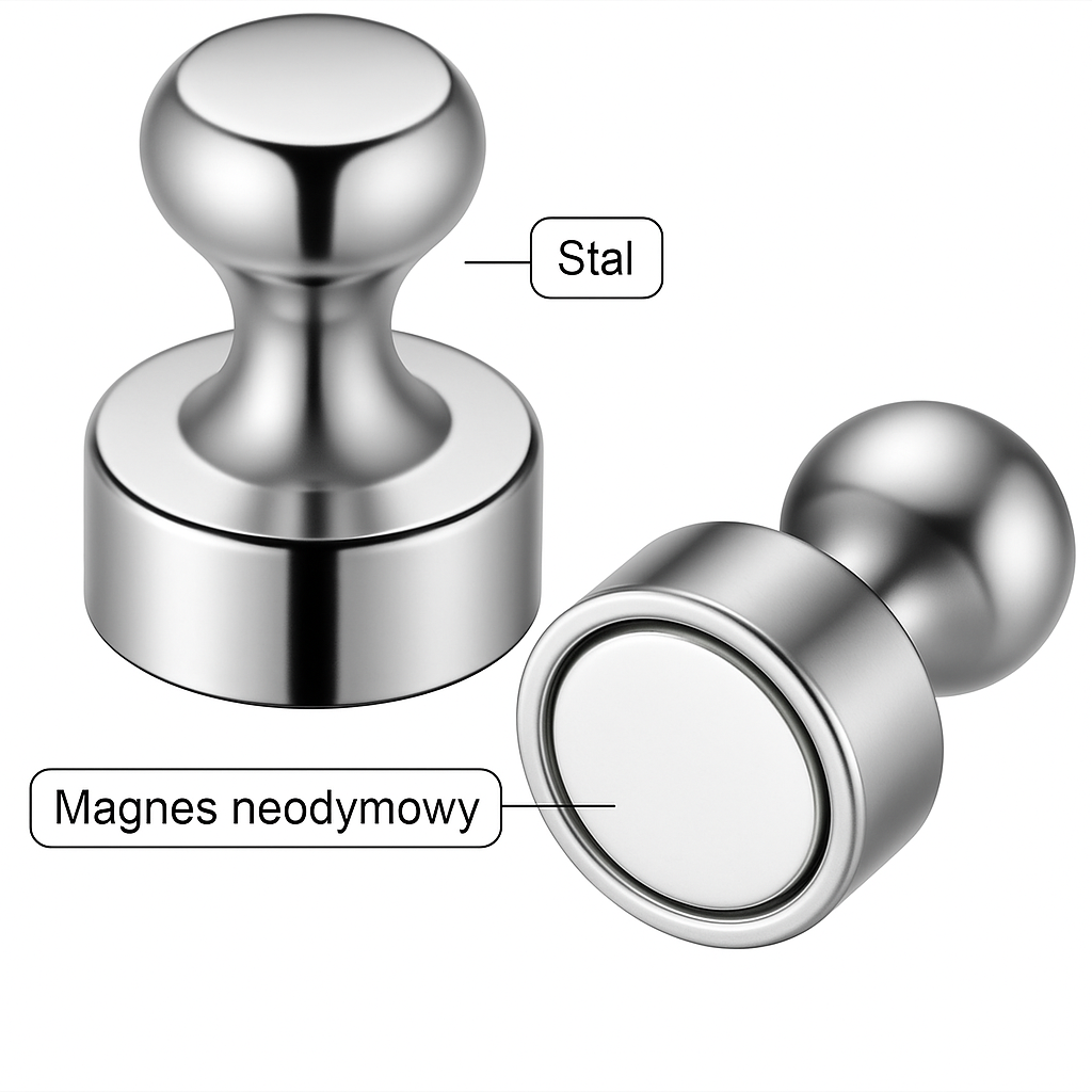 Magnes neodymowy pinezka ∅25 mm – budowa: magnes neodymowy i stalowa obudowa, Magnesy Hunter