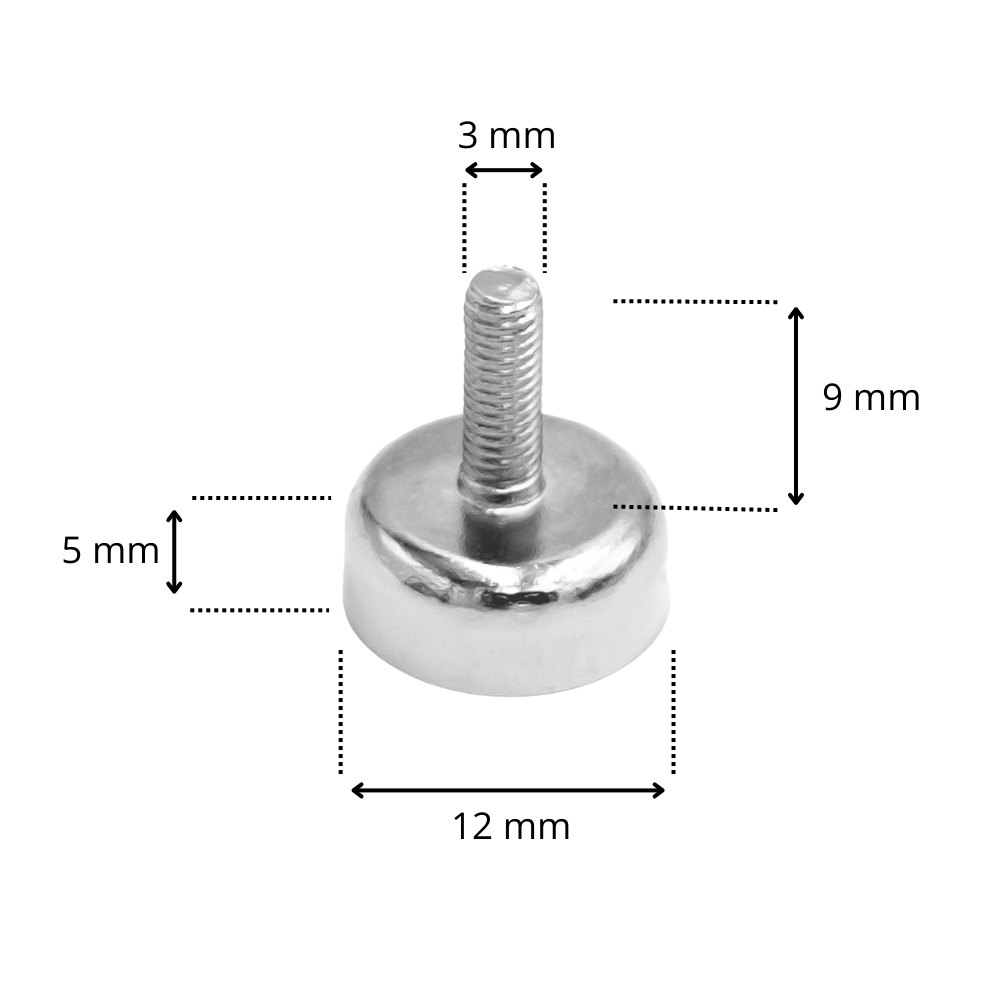 Uchwyt magnetyczny w obudowie – wymiary: średnica 12 mm, wysokość 5 mm, gwint M3, długość gwintu 9 mm