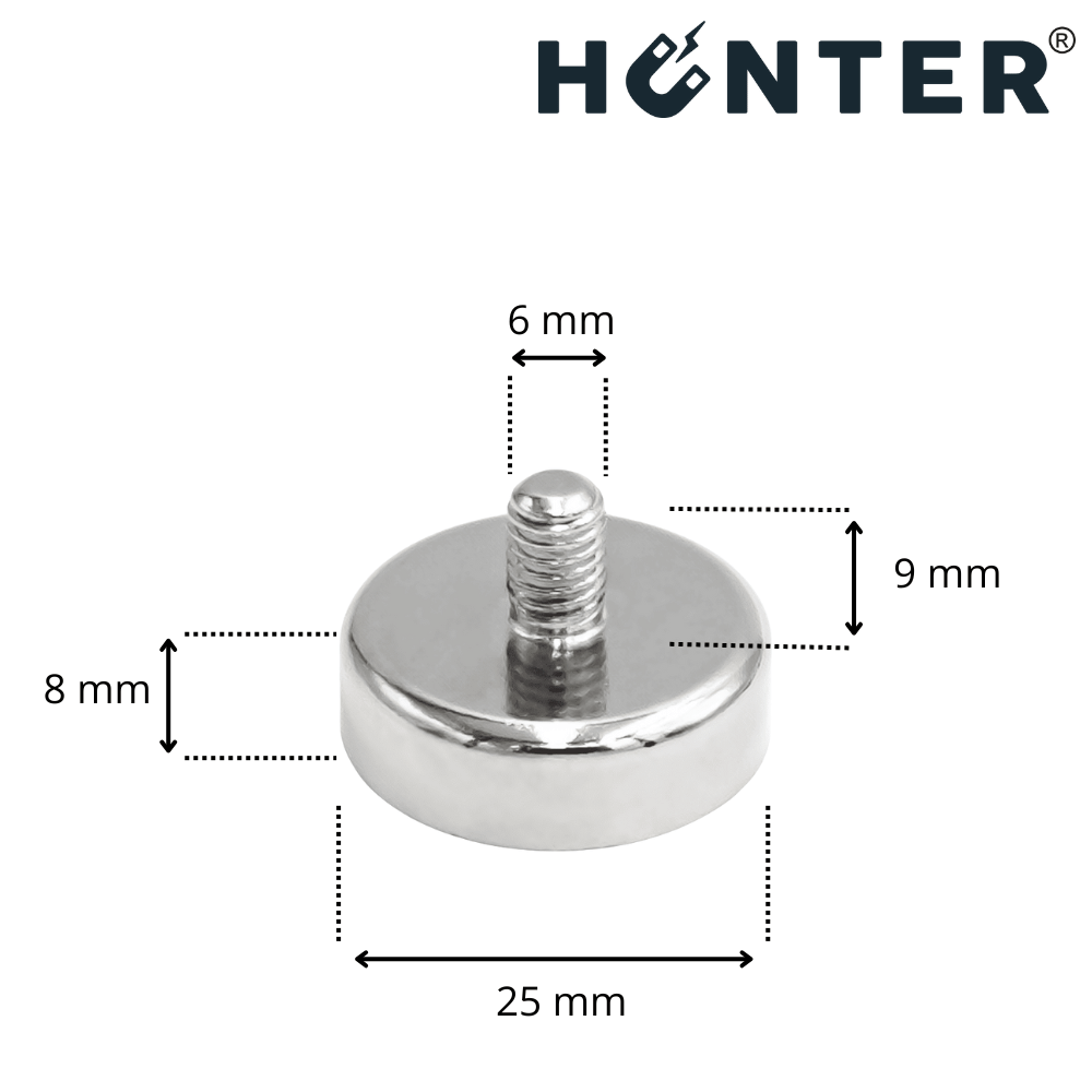 Uchwyt magnetyczny w obudowie z gwintem zewnętrznym M6, 25×8 mm – wymiary, Magnesy Hunter